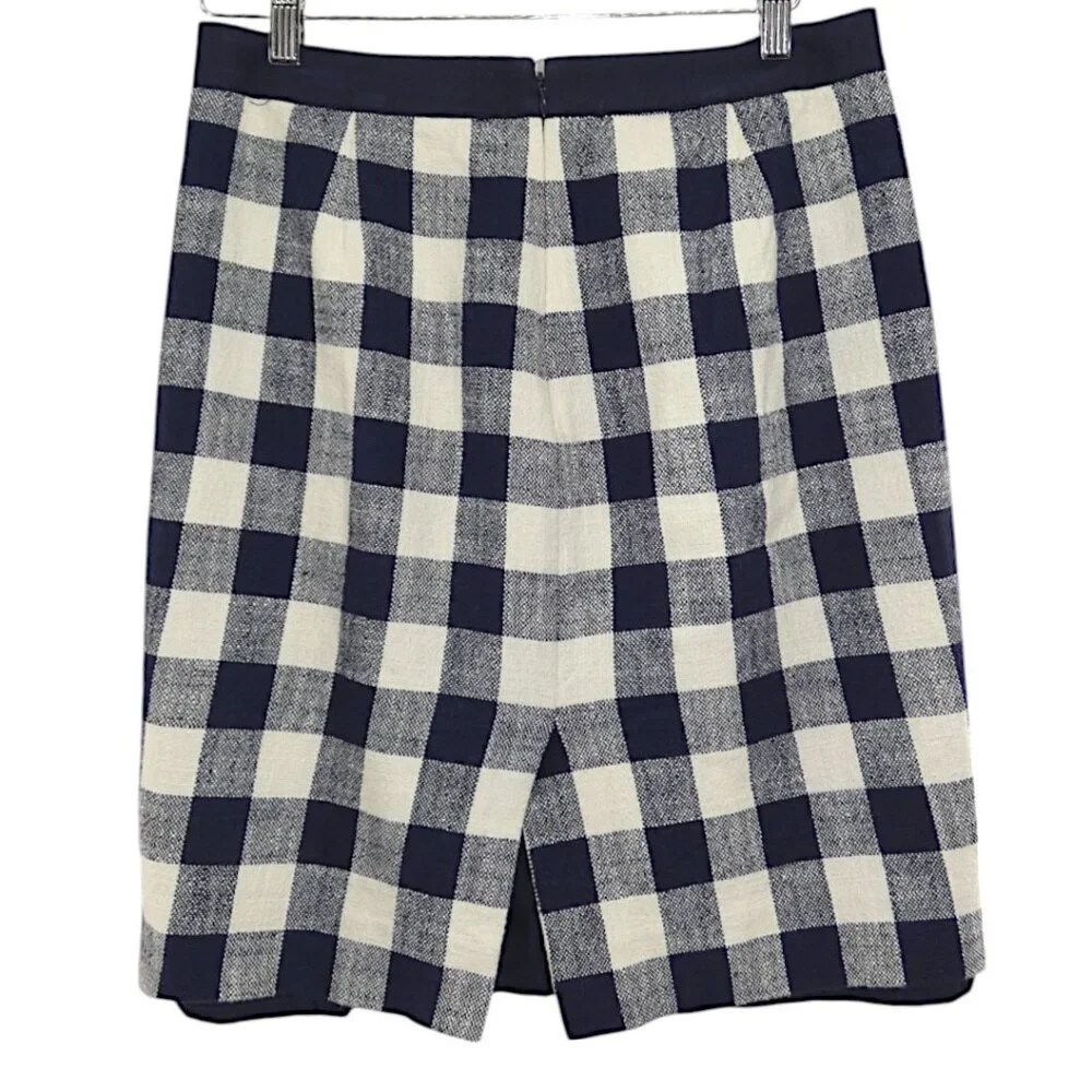 J.Crew Pencil Skirt Check Navy White Linen Blend Coastal Preppy Officecore Sz 8